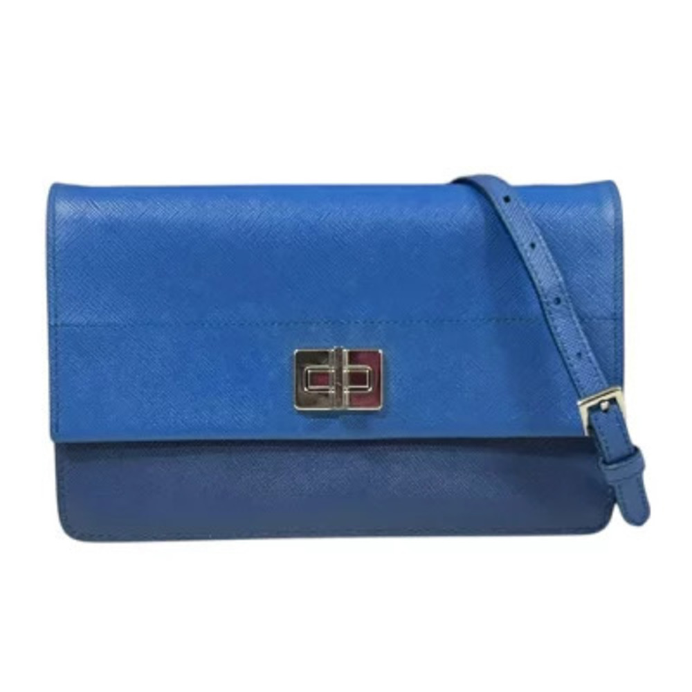 Prada Saffiano Shoulder Bag Leather Blue Wallet on strap